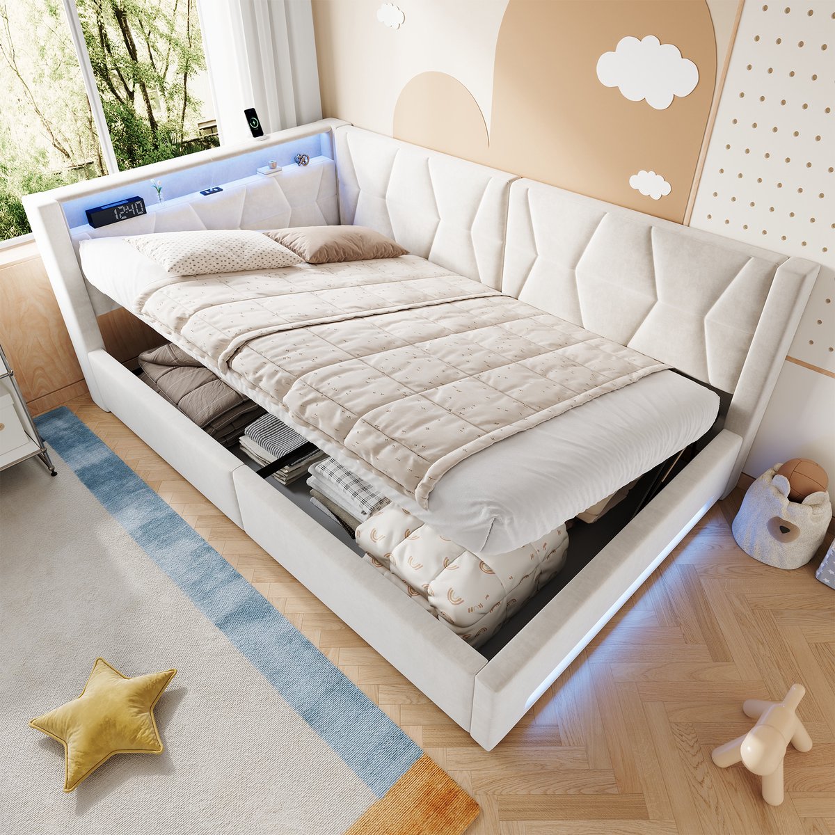 Gestoffeerd Bed 140x200 cm - Met LED-Verlichting En USB Type-C - Hydraulische Opbergruimte - Zonder Matras - Stof En Metaal - Beige
