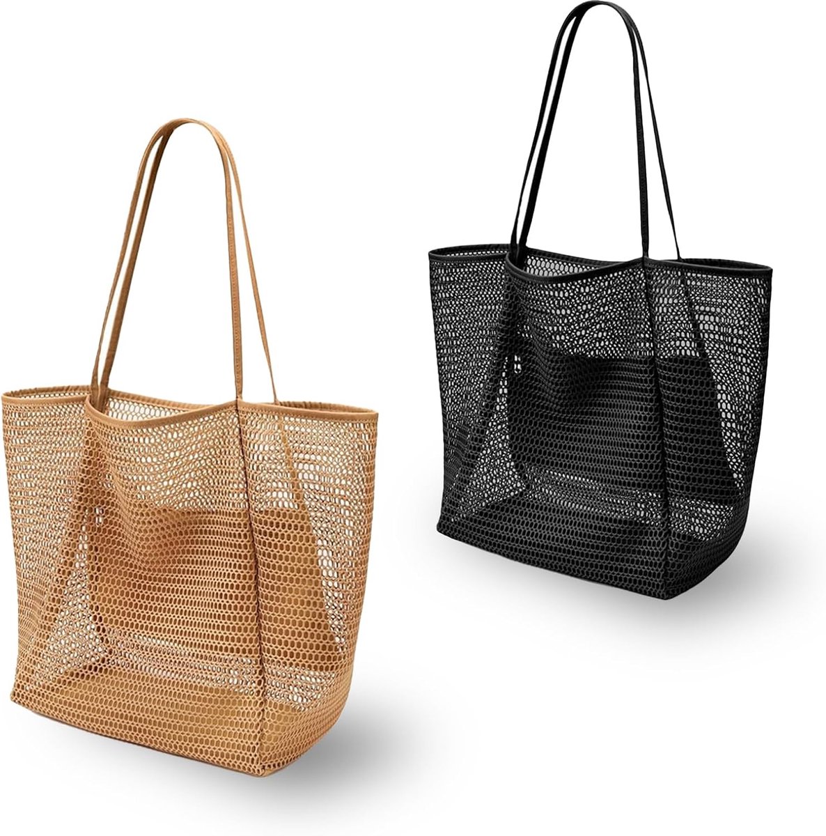 Mesh strandtas 2 stuks - opvouwbare boodschappentas - met ritssluiting - grote capaciteit voor strand - ShopVlot
