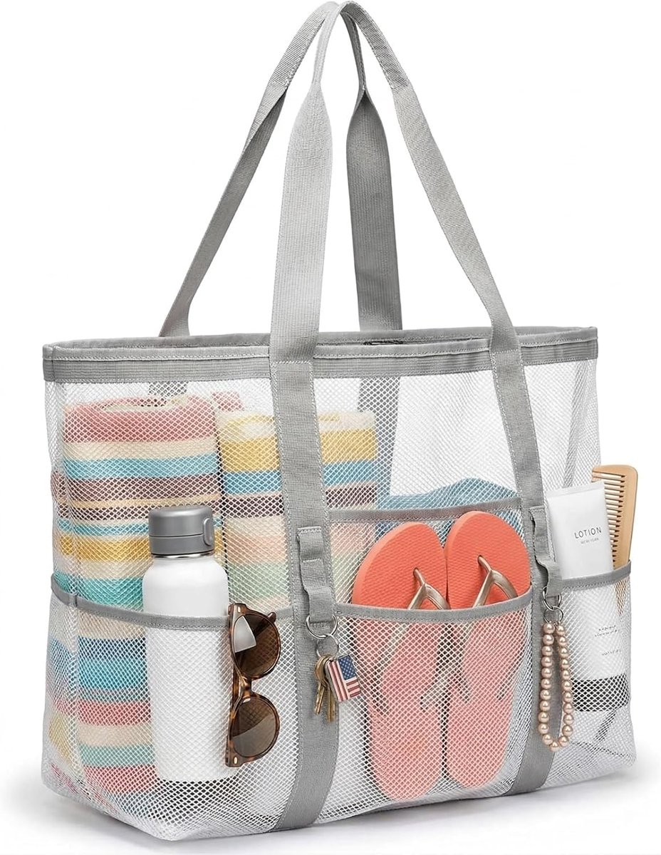 Strandtas van mesh groot formaat mesh design opvouwbare ritssluiting mesh boodschappentas geschikt voor zomervakanties - ShopVlot