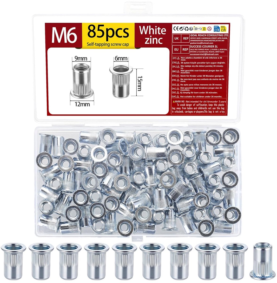 85 stuks M6 klinkmoeren, Klinkmoeren met platte kop, Klinkmoer met schroefdraad, assortiment witte verzinkte - ShopVlot