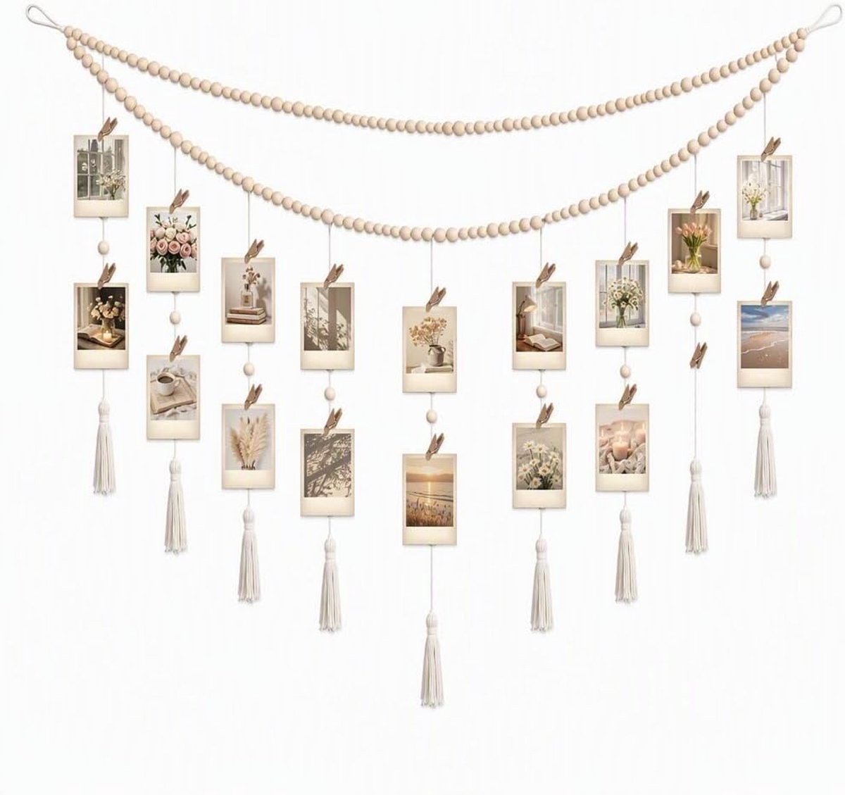 Boho fotowand fotolijst collage, fotolijn met 18 kleine houten klemmen om foto's op te hangen, creatieve fotoslinger - ShopVlot