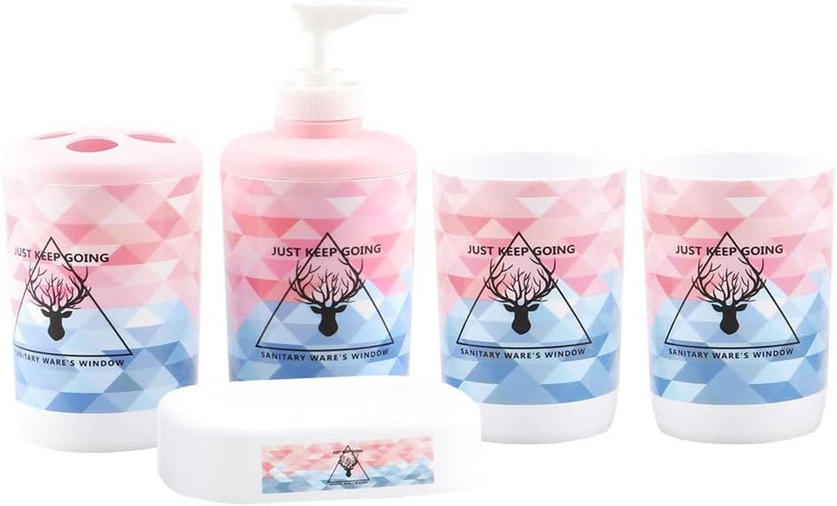 5 Pcs Bathroom Accessories Set with Cups, Soap Dispenser, Bathroom Cup, Soap Dish, Toothbrush and Toothpaste Holder (B) - ShopVlot