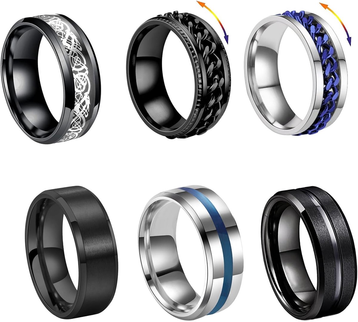 6 Pcs Silver Black Rings for Men, Stainless Steel Rings for Women and Men, Ring with Chain Ring with Bottle Opener - ShopVlot