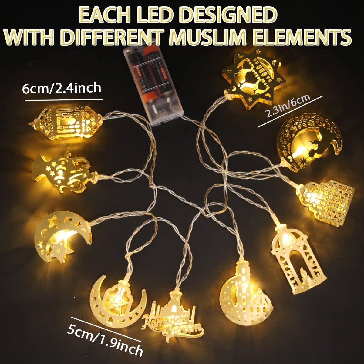 Abnaok Led-lichtketting, 1,65 m, 10 leds, moslim ramadan lichtketting, ramadan licht, ster, maan, decoratie, licht - ShopVlot