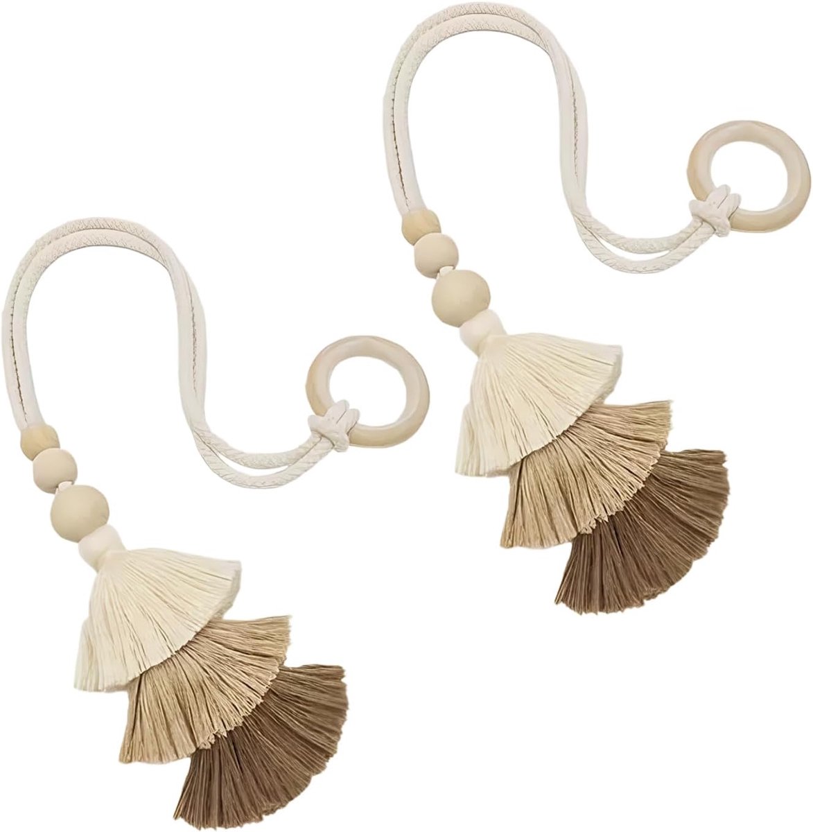2 stuks gordijnhouders voor gordijnen met houten ring, boho-stijl, met kwastjes, handgeweven gordijnband van katoen en - ShopVlot