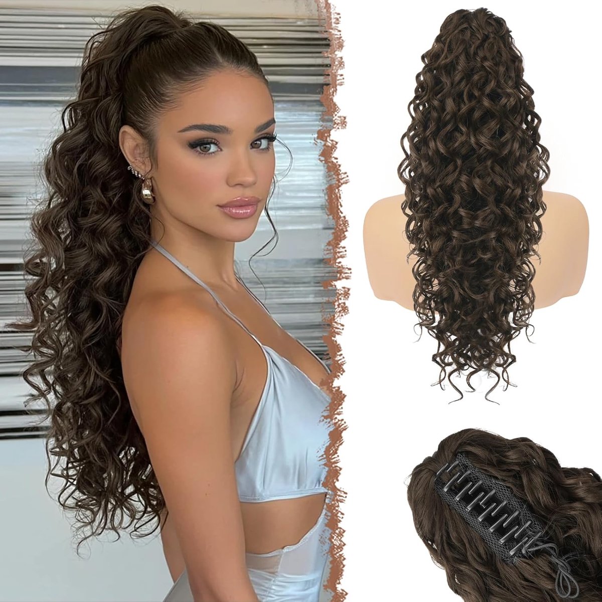 FESHFEN Long Curly Ponytail Extension - Dark Brown Ponytails with Klamma Natural Synthetic Hairpieces Wavy Ponytail - ShopVlot