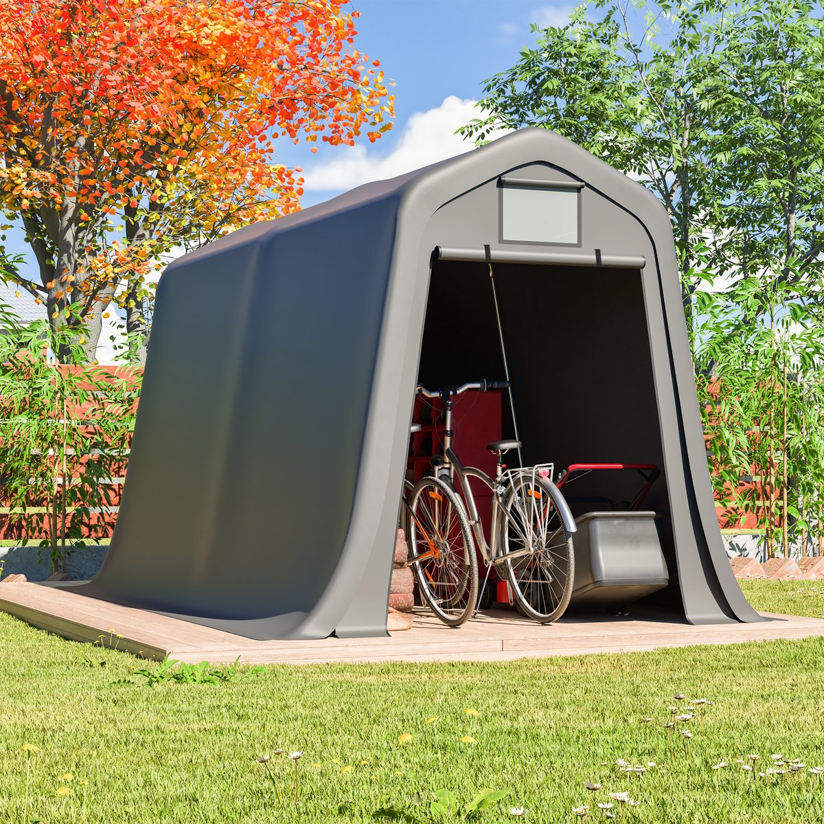 Desmiu Opslagtent – Ruime Berging Met Rolluikdeur En Ventilatieraam – 213 X 366 X 225 Cm – PE En Staal – Grijs – Voor Motoren En Tuingereedschap
