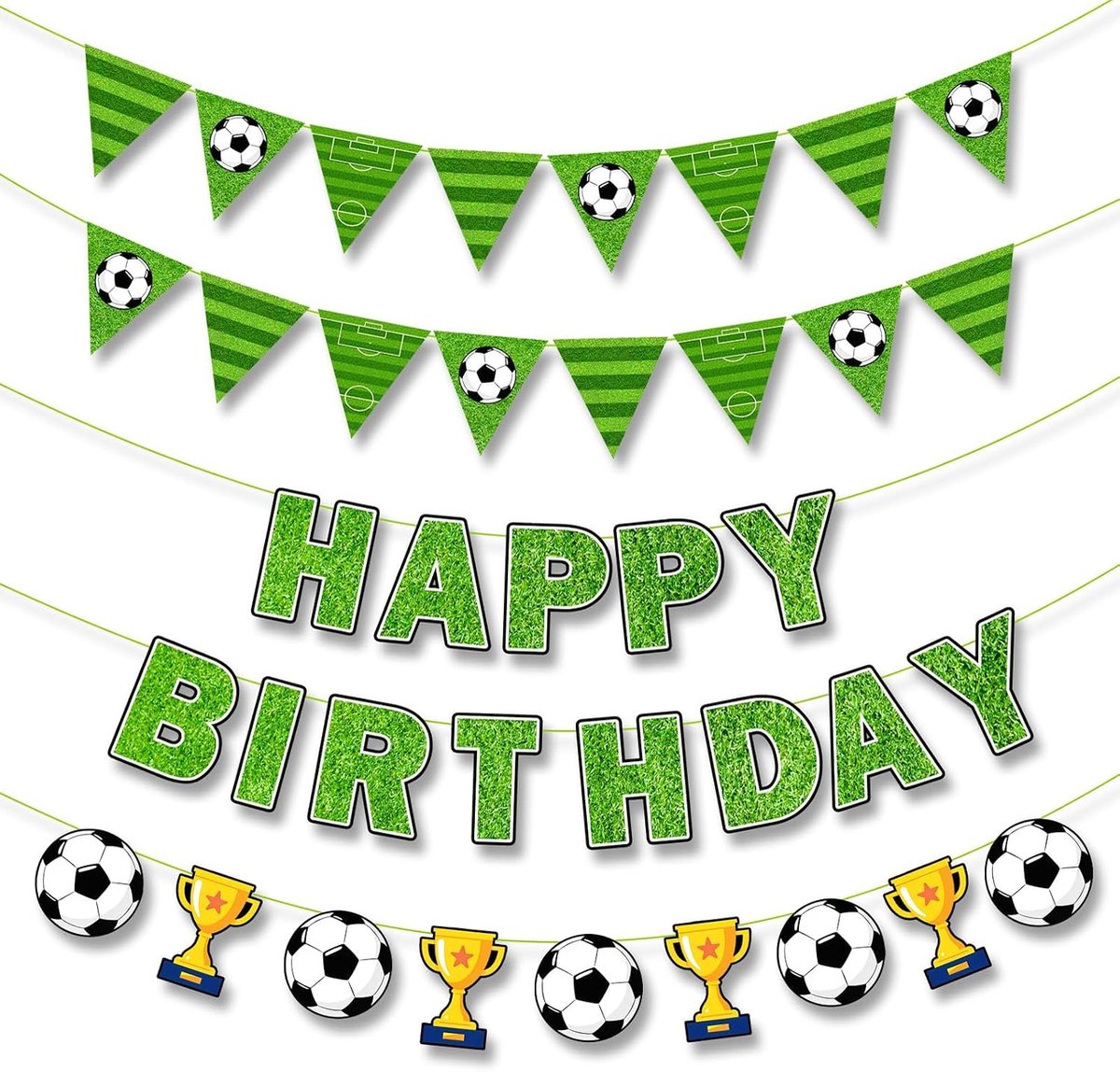 Voetbal verjaardagsbanner - papieren slingerbanner - omgekeerde driehoek decoratie - voor voetbalthema feest - ShopVlot