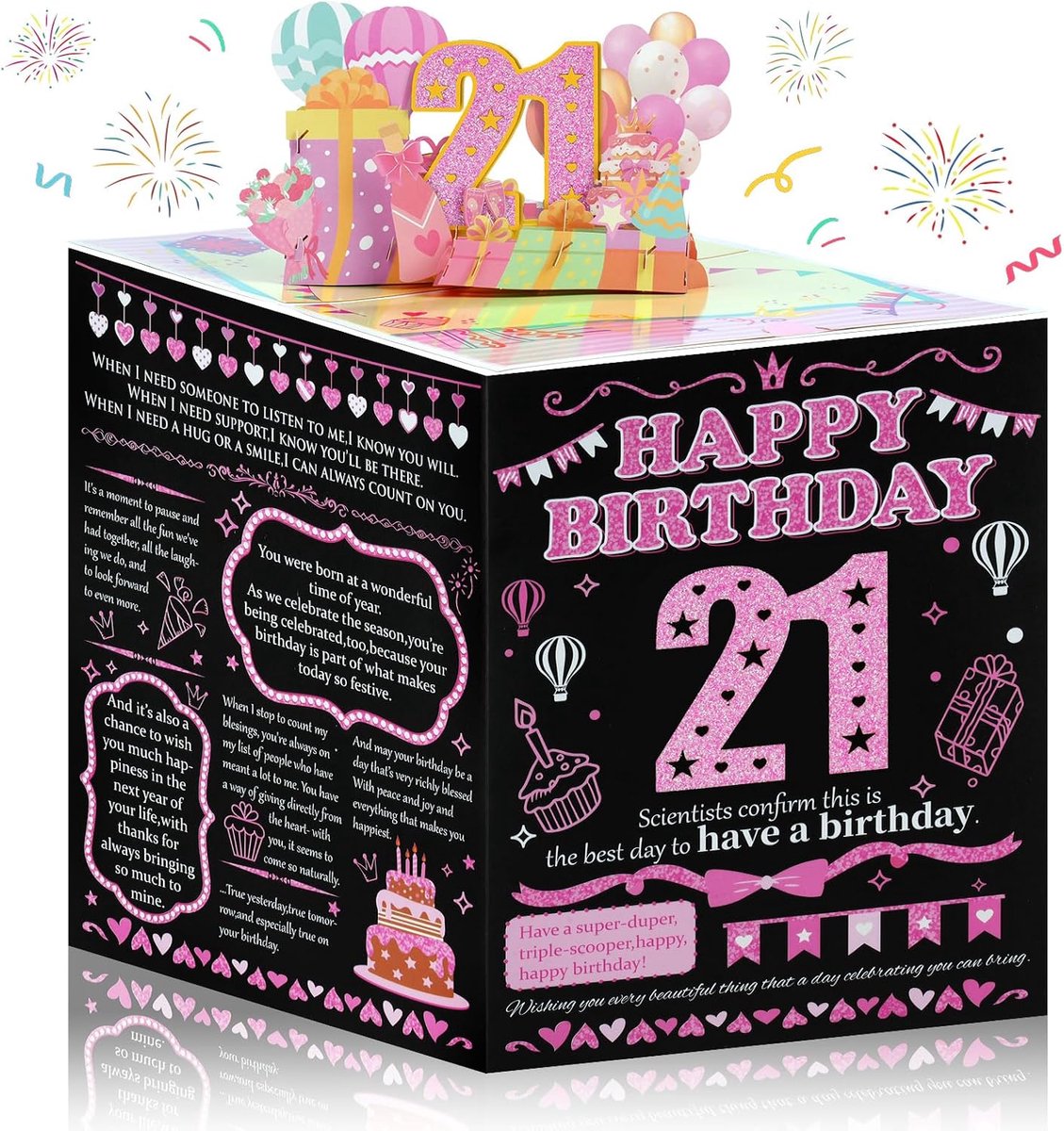 Verjaardagskaart 21e - 3D pop-up kaart - grappige zwart-roze decoratie - verrassing voor jongens meisjes - ShopVlot