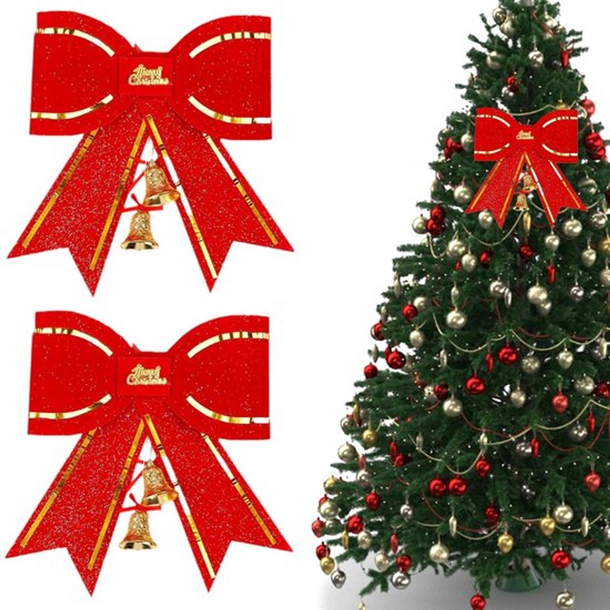 Kerststrikken 25 cm - Grote Strik - Glinsterend met Belletjes - Kerstboomversiering - Woondecoratie - Vliesstof - Kerstdecoratie