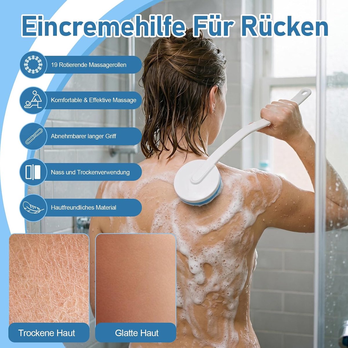 Back Incream Aid, Removable Long Handle, Cream Aid with 19 Massage Rolls, Back Cream Aid, Back Brush for Back - ShopVlot