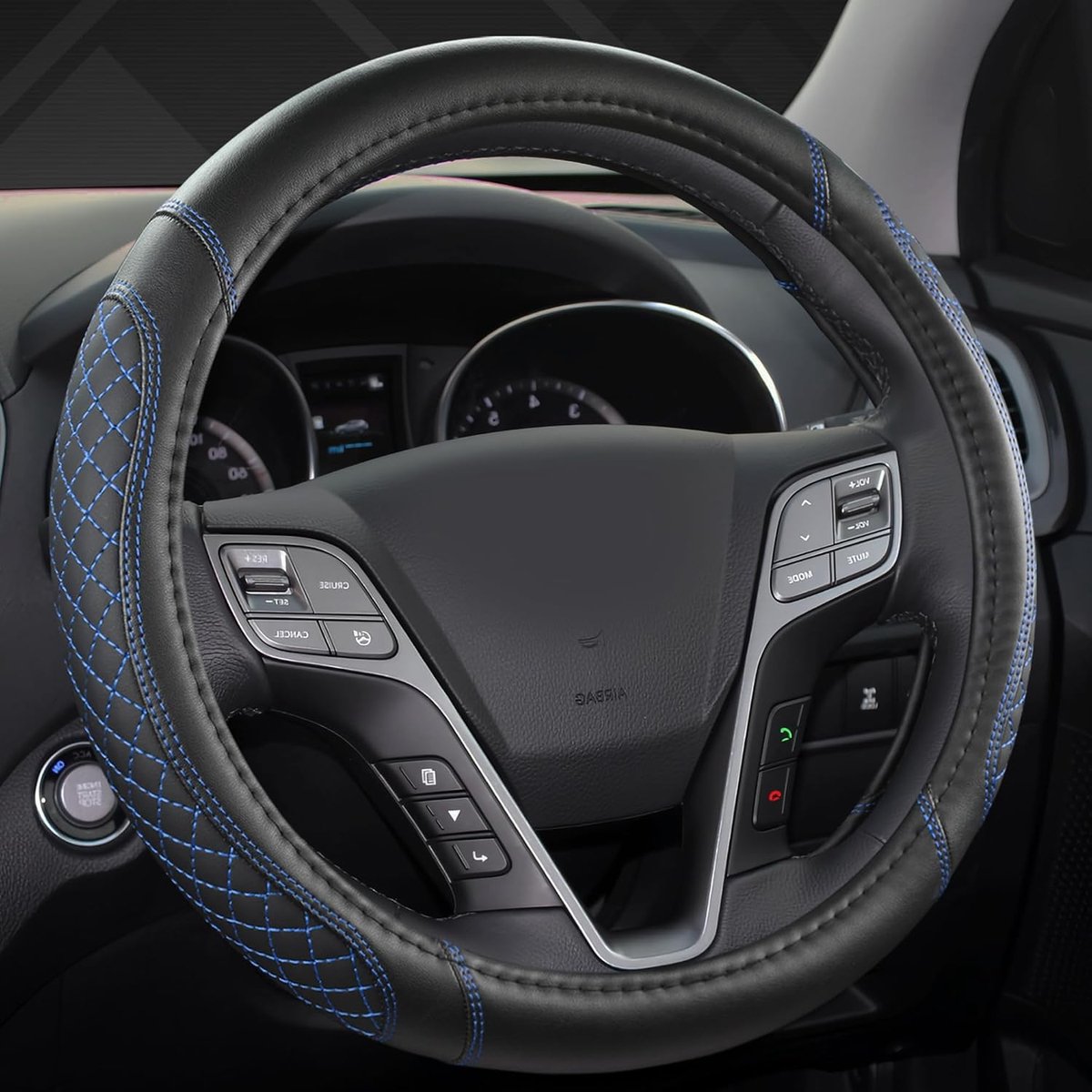 GIANT PANDA PU Leather Steering Wheel Cover, Compatible with Fiat Round Steering Wheels - Black + Blue - ShopVlot