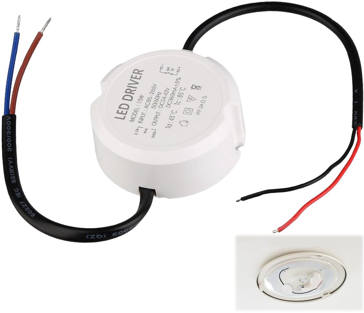 LED transformer, round, waterproof, 15 W, 360 mA, power supply AC 85-265 V to DC24-42V, compact LED driver for indoor - ShopVlot