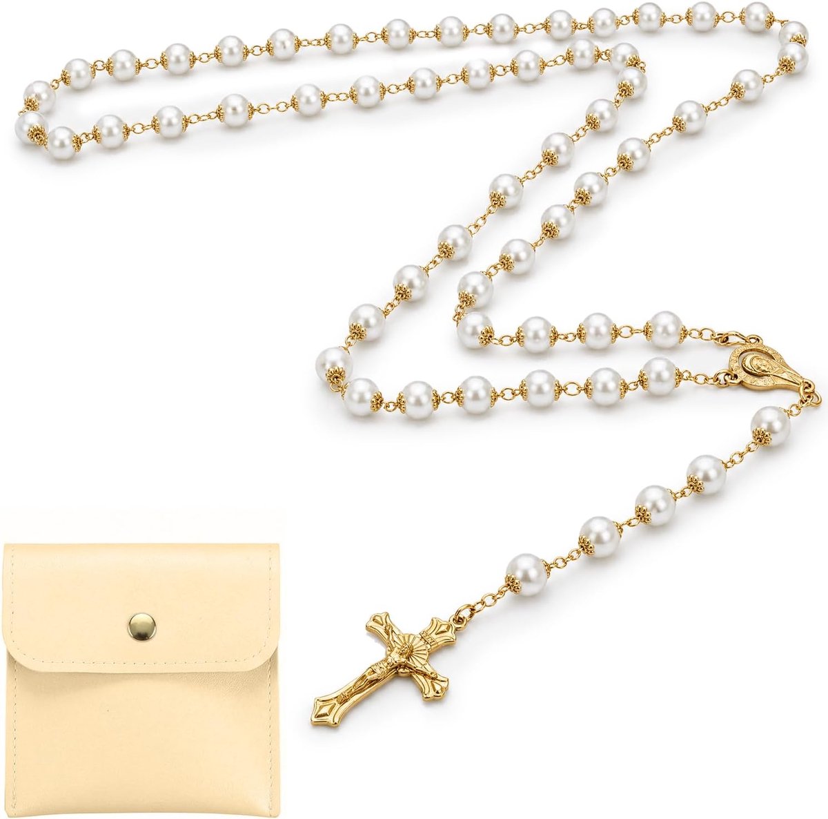 Rozenkransketting 80cm - Gouden Gebedskralen - Glazen Parels met Kruisbeeld - Perfect voor Spirituele Oefeningen - ShopVlot