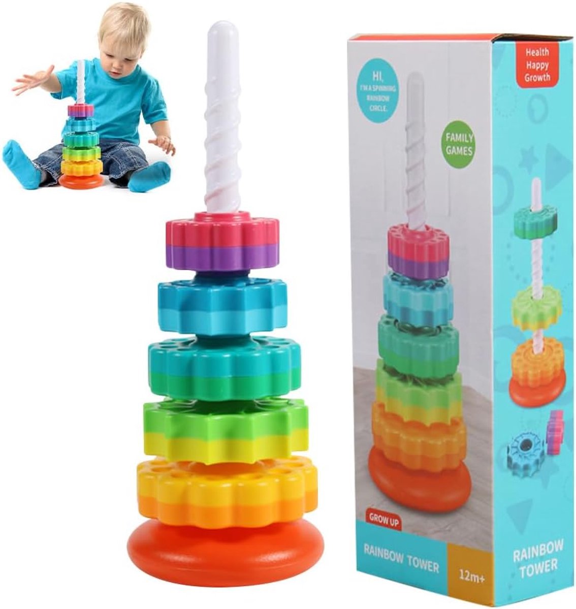 Draaiend stapelspeelgoed regenboogtoren - 5 schijven - bevorder praktische vaardigheden - leuk voor kinderen - ShopVlot