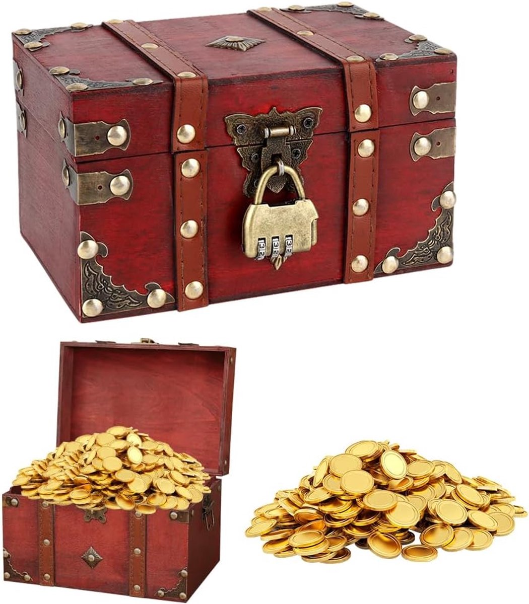 Houten schatkist met combinatie slot - vintage stijl - handgemaakt - ideaal voor kinderen - ShopVlot