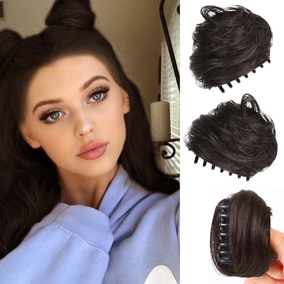 Messy haarbun met klips - synthetisch bruin en zwart - ideaal voor een snelle updo - ShopVlot