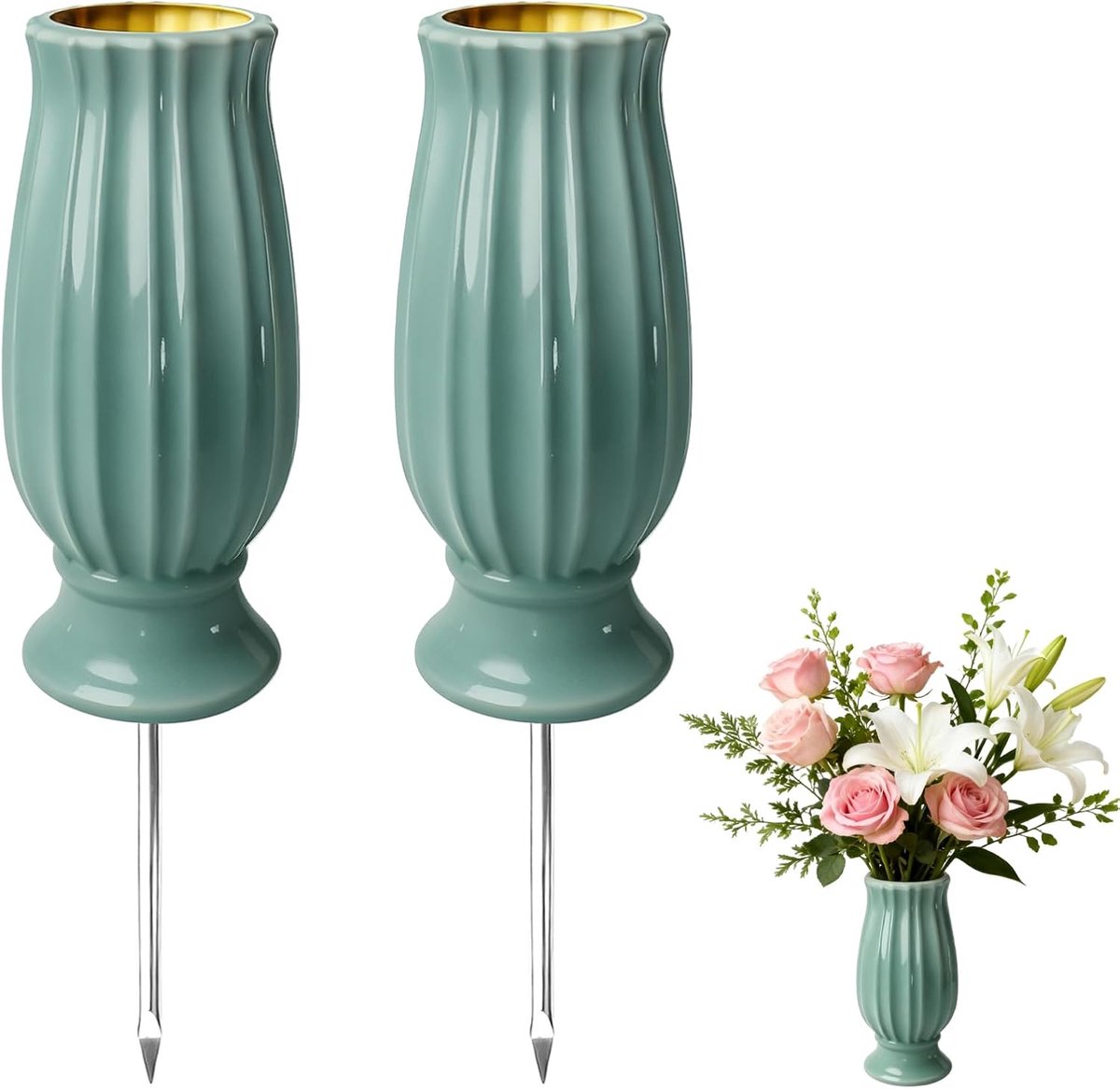Grave vase met grondspike - 20 cm hoog - kunststof - voor grafdecoratie - ShopVlot