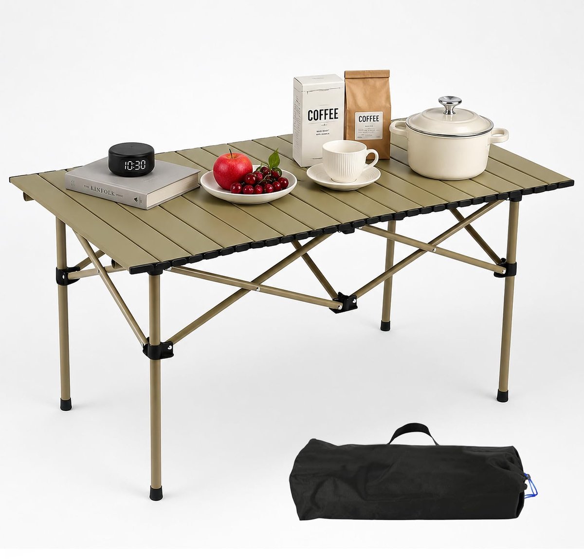 SnelShoppen - Opvouwbare Campingtafel met Oprolbaar Tafelblad, Draagbare Vouwtafel van Koolstofstaal, Wit, 95x56x50 cm, Perfect voor Picknick, Tuin, K