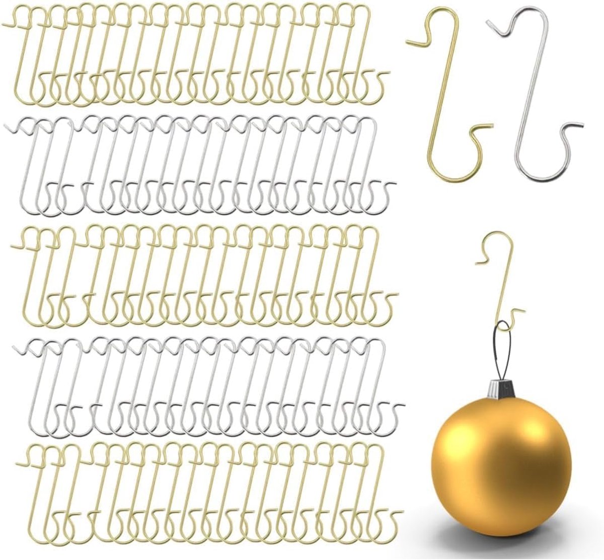 Kerstboomhaken 100x - Gouden en Zilveren S-Vormige Haken - Elegante Decoratie voor Kerstversiering - ShopVlot