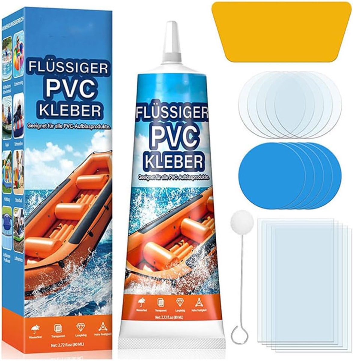 Reparatieset voor opblaasbare boten - 80 ml waterdichte lijm - met PVC patches - ideaal voor luchtmatras en zwembad - ShopVlot