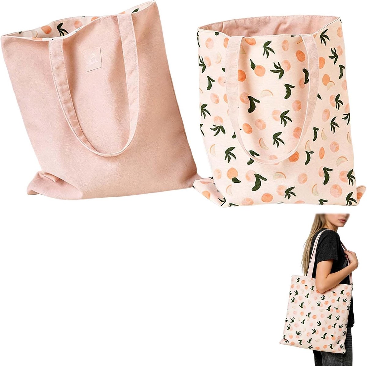 Canvas tas 40x36cm - Katoen linnen schoudertas - Omkeerbaar dubbelzijdig - Ideaal voor boodschappen - ShopVlot