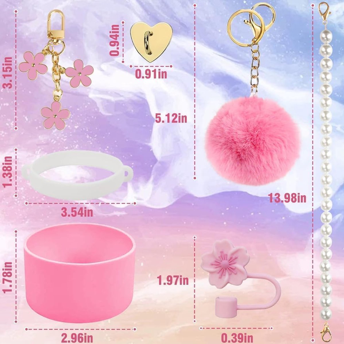 Drinkfles accessoires set - 7-delig - siliconen - bloemdecoratie - handige draagriem - ShopVlot