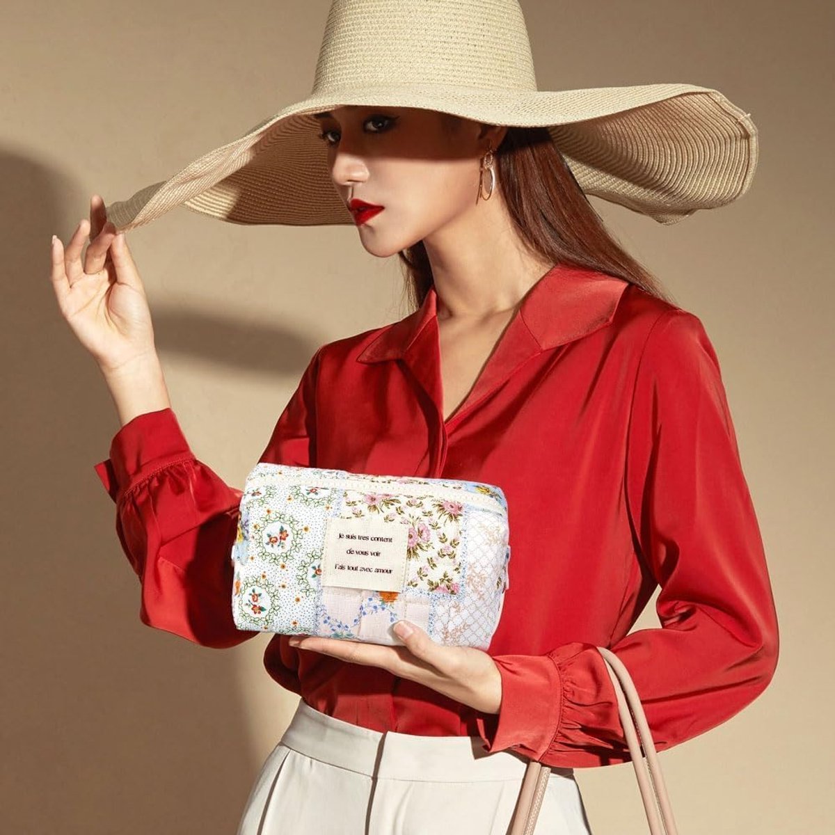 Cosmetic bag grote capaciteit - bloemenpatroon - zacht katoen - ideaal voor toilettas - ShopVlot