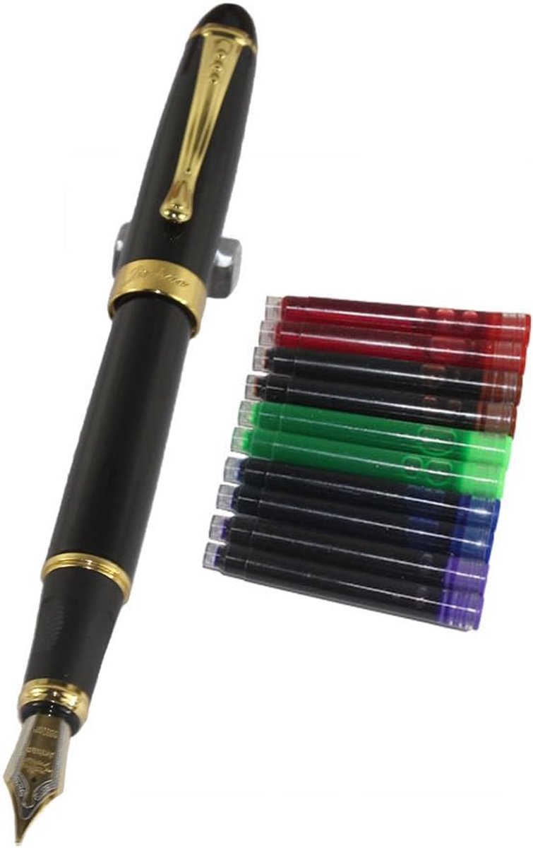 SnelShoppen - Jinhao 450 Vulpen in Zwart met 10 Inktpatronen in 5 Kleuren, Perfect voor Schrijven, Tekenen, en Creatieve Projecten