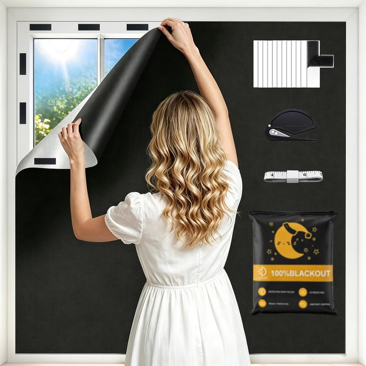 Blackout Roller Blind No Drilling, 100 x 145 cm, Portable Blackout Roller Blind with Cut to Size, Full Light Blocking - ShopVlot
