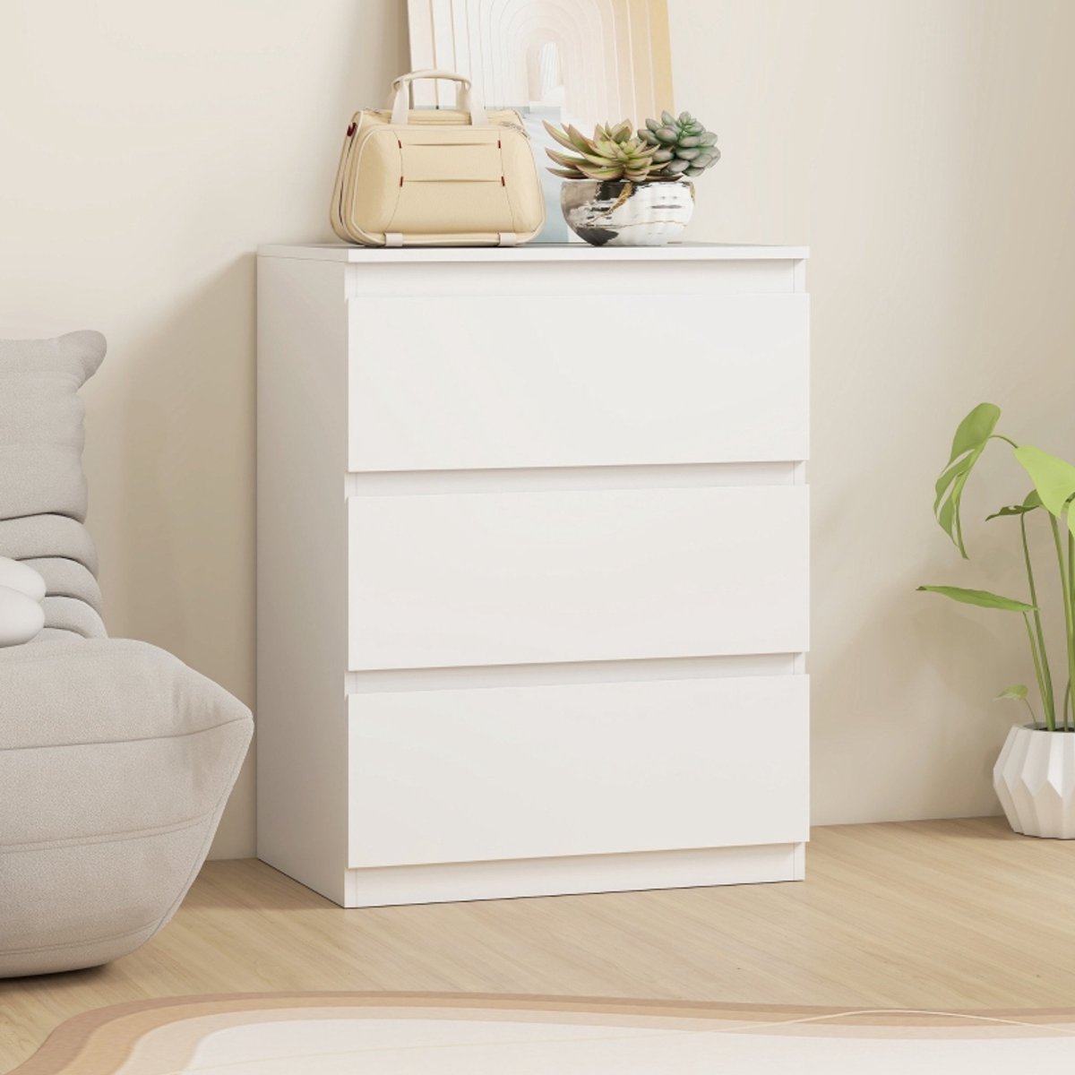 DESMIU Dressoir - 3 Lades Zonder Handgrepen Met Anti Kantelset - Voor Woonkamer, Slaapkamer En Hal - Spaanplaat - 60x40x79 Cm - Wit