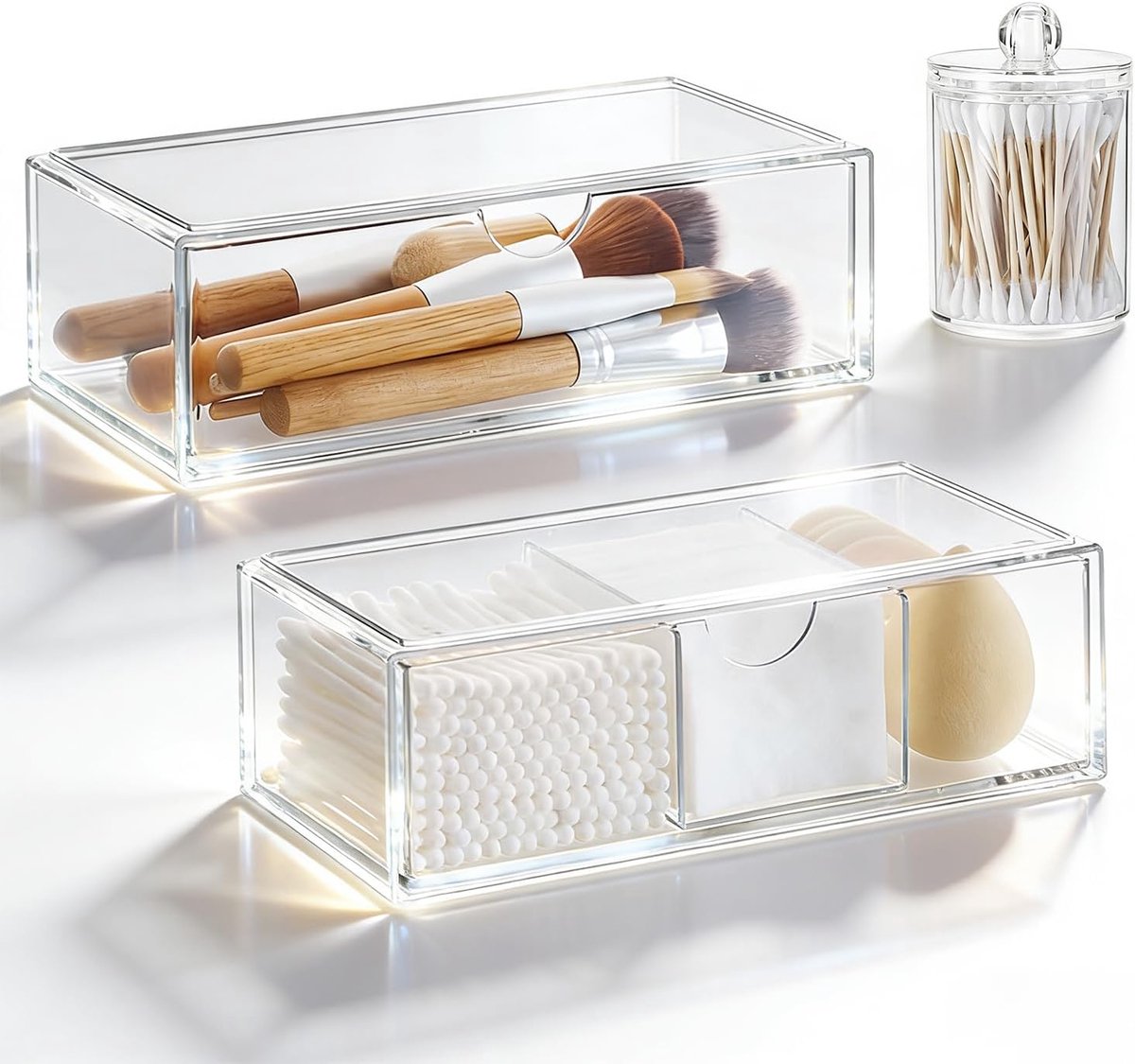 Set of 2 Cosmetic Makeup Organizer, Cotton Pad Dispenser, Cotton Swab Container, Clear Dressing Table Organizer for - ShopVlot