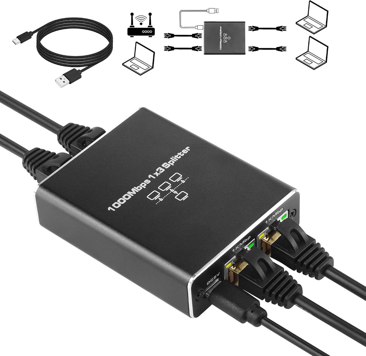 SinLoon Ethernet Splitter 1 to 3, 1000/100Mbps Ethernet Switch 3 Port Gigabit Network Switch Network Splitter with USB - ShopVlot