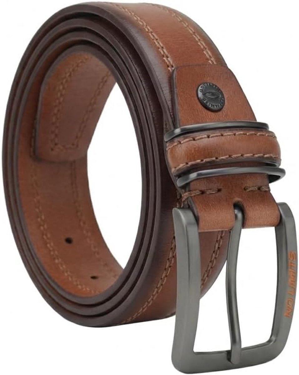No Limits Herenriem van echt leer met dubbele contrastnaad, 3,5 cm hoog, nikkelvrije gesp, in te korten, met doos - ShopVlot
