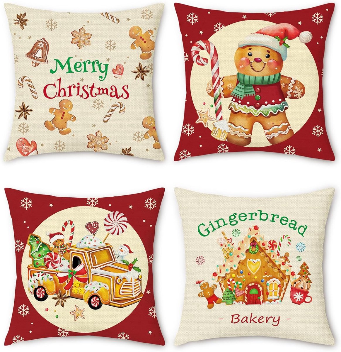 Kussenhoezen 45 x 45cm - polyester linnen - kerst gingerbread ontwerp - sfeervolle decoratie voor je woning - ShopVlot
