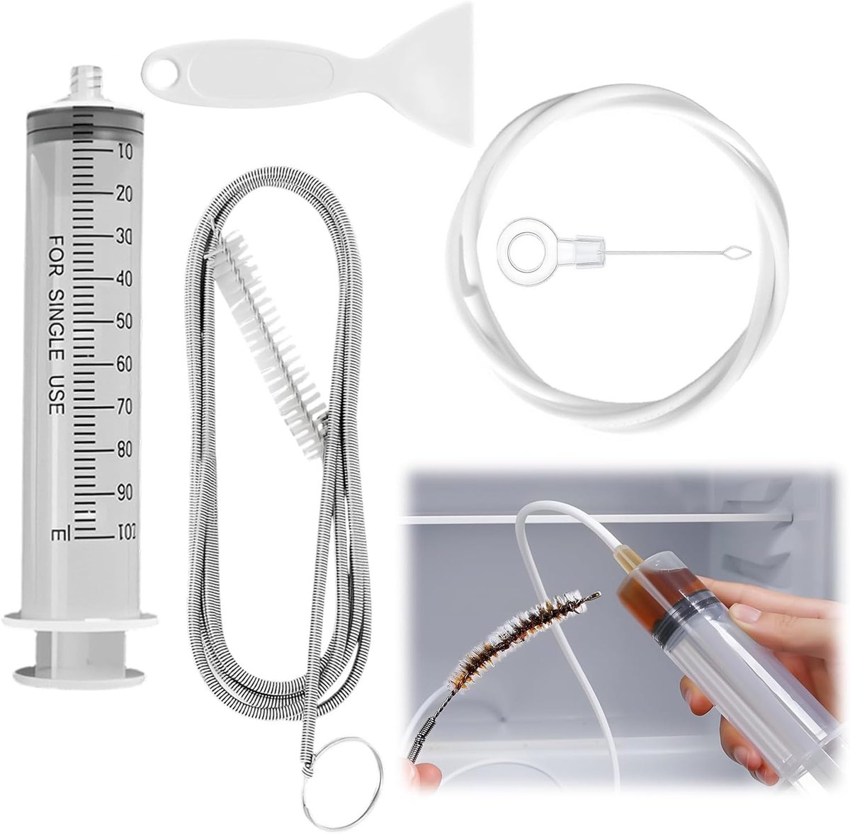 Reinigingsset koelkast - Flexibele borstel + PVC slang 1 m - Ontdooi lepel + 100 ml spuit - Eenvoudige afvoerreiniging - ShopVlot