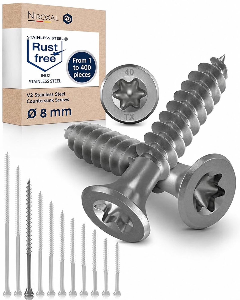 TORX schroef 8x180 mm - V2A roestvrij staal - verzonken kop - geschikt voor houtconstructie - ShopVlot