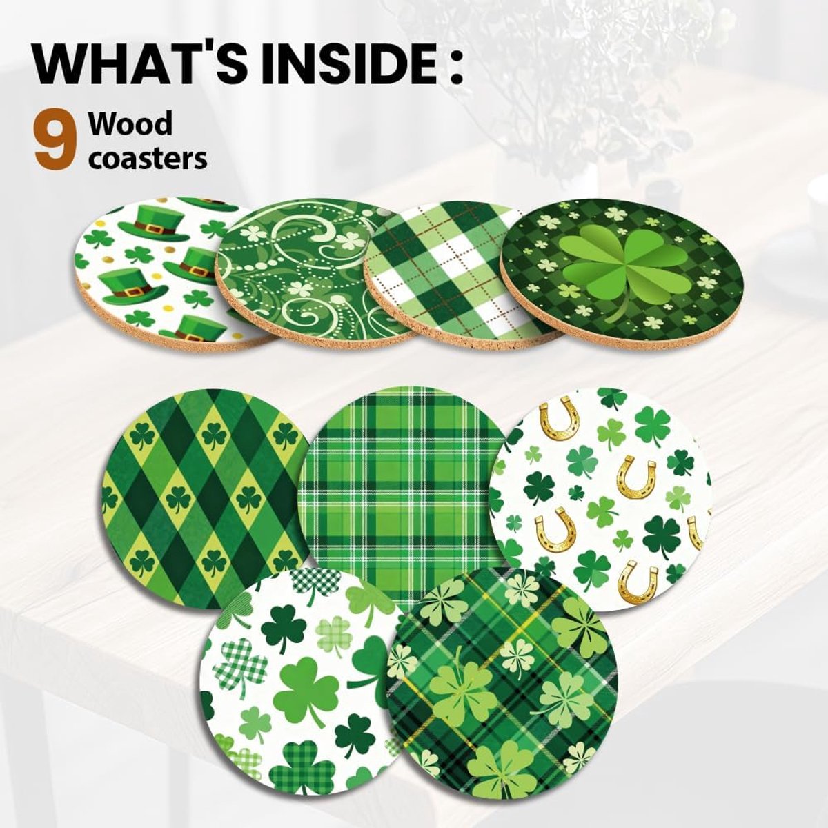 Onderzetters 9 Stuks - Kleurrijke Houten Onderzetters - St. Patrick's Day Motief - Bescherm je Tafel - ShopVlot