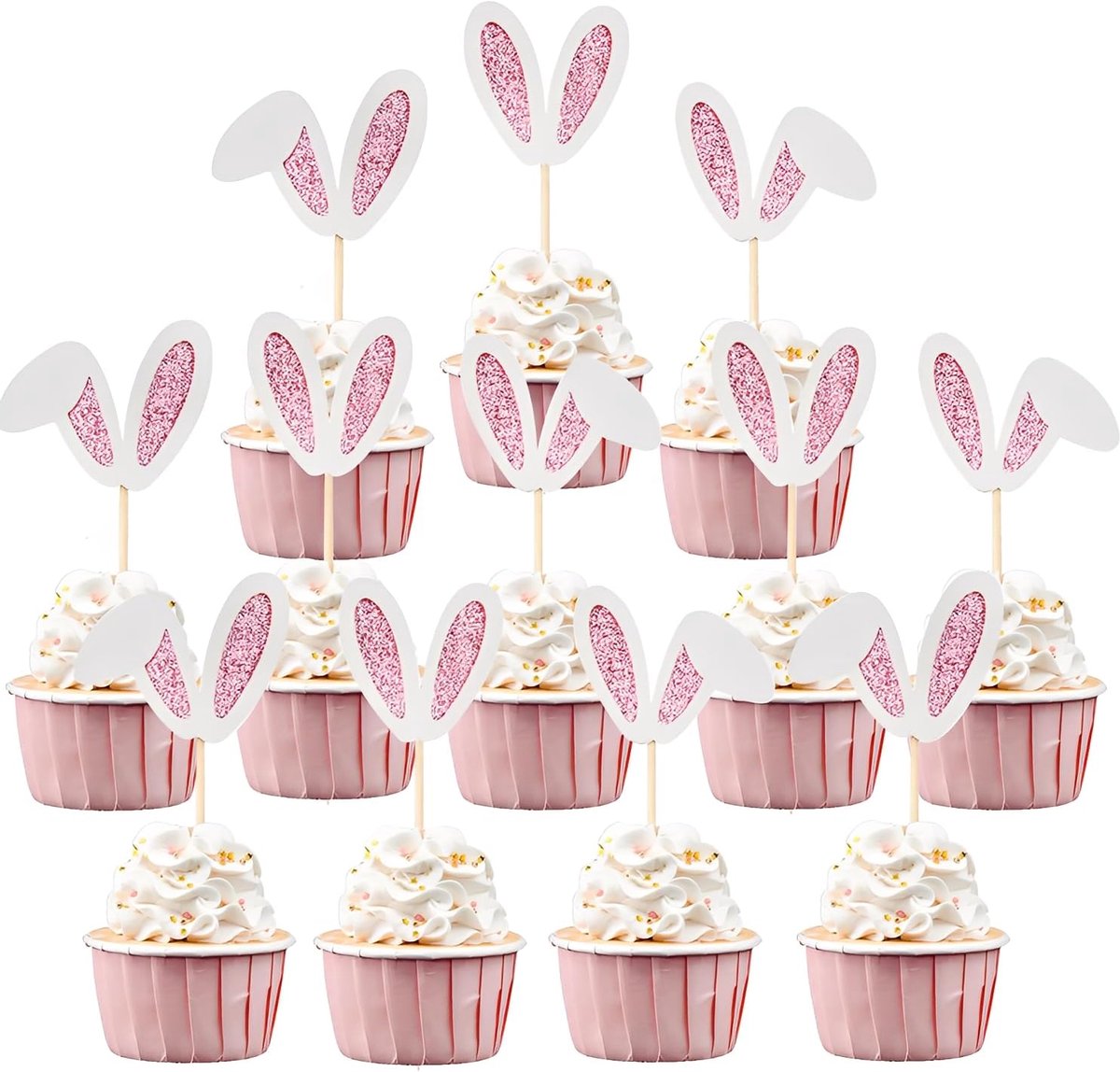 Taartdecoratie Pasen - 12 Stuks Konijnenoren - Glitter Karton - Schattige Cupcake Toppers - ShopVlot