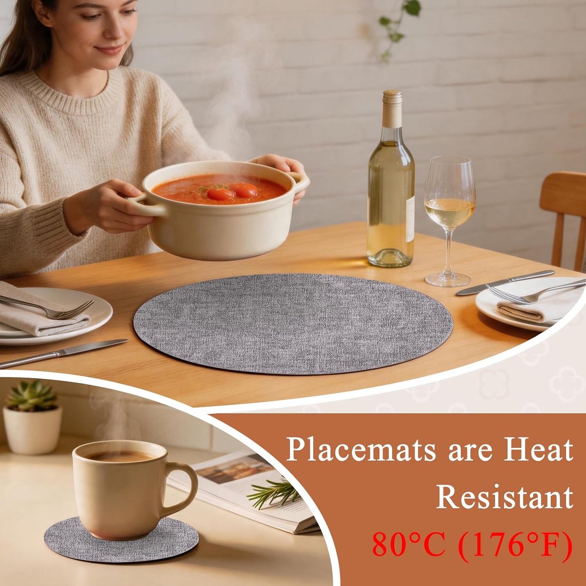 Placemats, afwasbaar, leer, hittebestendig, dubbelzijdig, set van 6 placemats, lederlook met onderzetter, antislip - ShopVlot