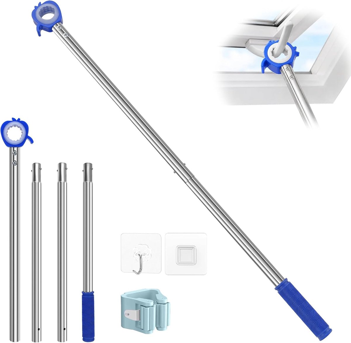 Raamgreepverlenging voor Velux dakramen, zolderhaken, roestvrij staal, voor dakramen, stang om te openen, lengte 152 cm - ShopVlot