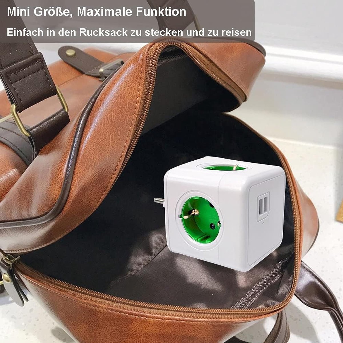 Wandstekkerdoos - Wit/Groen - 4 Stopcontacten - 2 USB Poorten - Voor Thuis en Op Reis