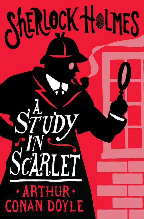 Boekomslag van "A Study in Scarlet" door Arthur Conan Doyle, met een silhouet van Sherlock Holmes met vergrootglas en pijp op rode achtergrond.