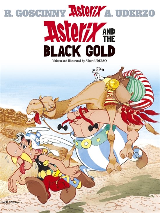 Asterix en Obelix rijden op een kameel in de woestijn. De titel 'Asterix and the Black Gold' staat bovenaan.