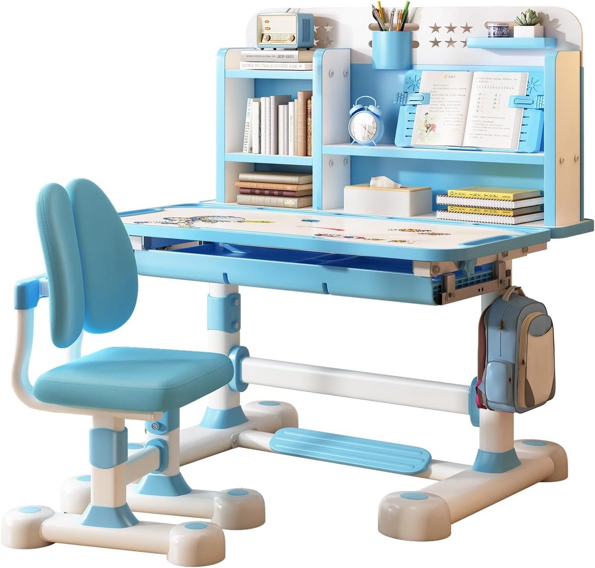 Bureau en stoel - Kinderbureau set - Studeren en lezen - In hoogte verstelbaar - 80 cm breed - Blauw