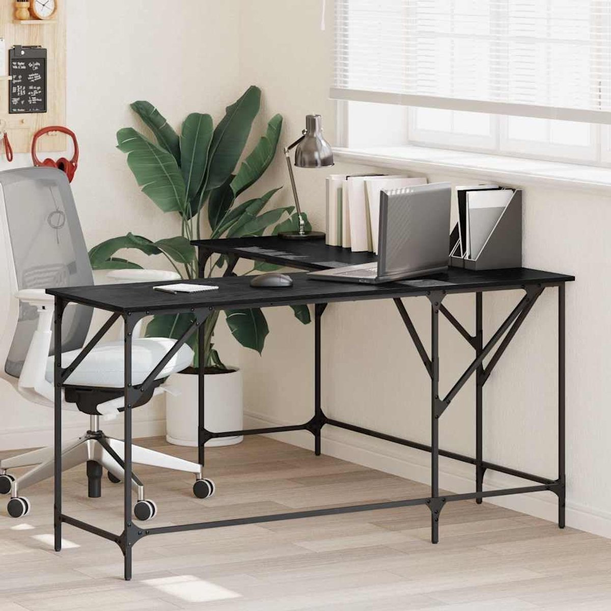 L-vormig hoekbureau - Grote computertafel - Thuiswerken - Stevig stalen frame - 149 x 149 cm - Zwart eikenlook