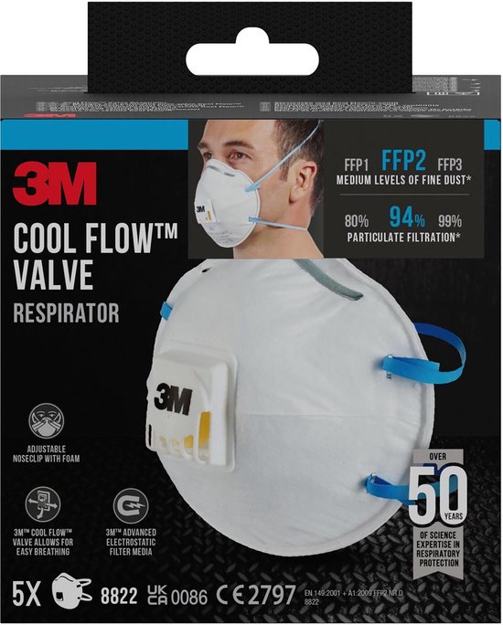 3M Cool Flow Valve Respirator, FFP2, wit met blauwe bandjes. Verpakt per 5 stuks.