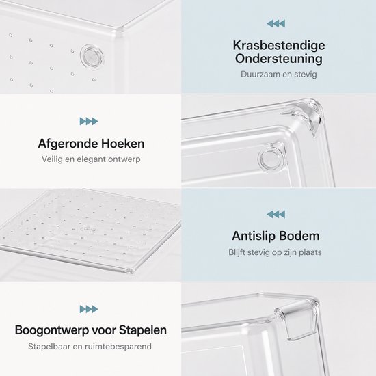 Gedetailleerde afbeeldingen van de kenmerken van de opbergbakjes: krasbestendig, afgeronde hoeken, antislip bodem en stapelbaar ontwerp.