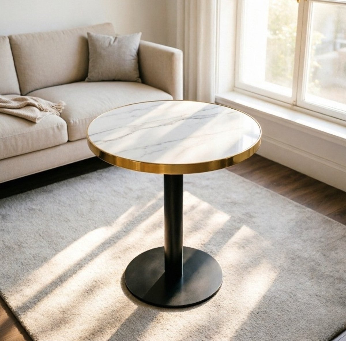 HAUSS SPOLE Bijzettafel - Rond Tafelblad Met Marmerlook En UV Coating - Compact Voor Woonkamer Of Slaapkamer - MDF En Metaal - 60 x 60 x 73,7 Cm - Wit Goud Zwart