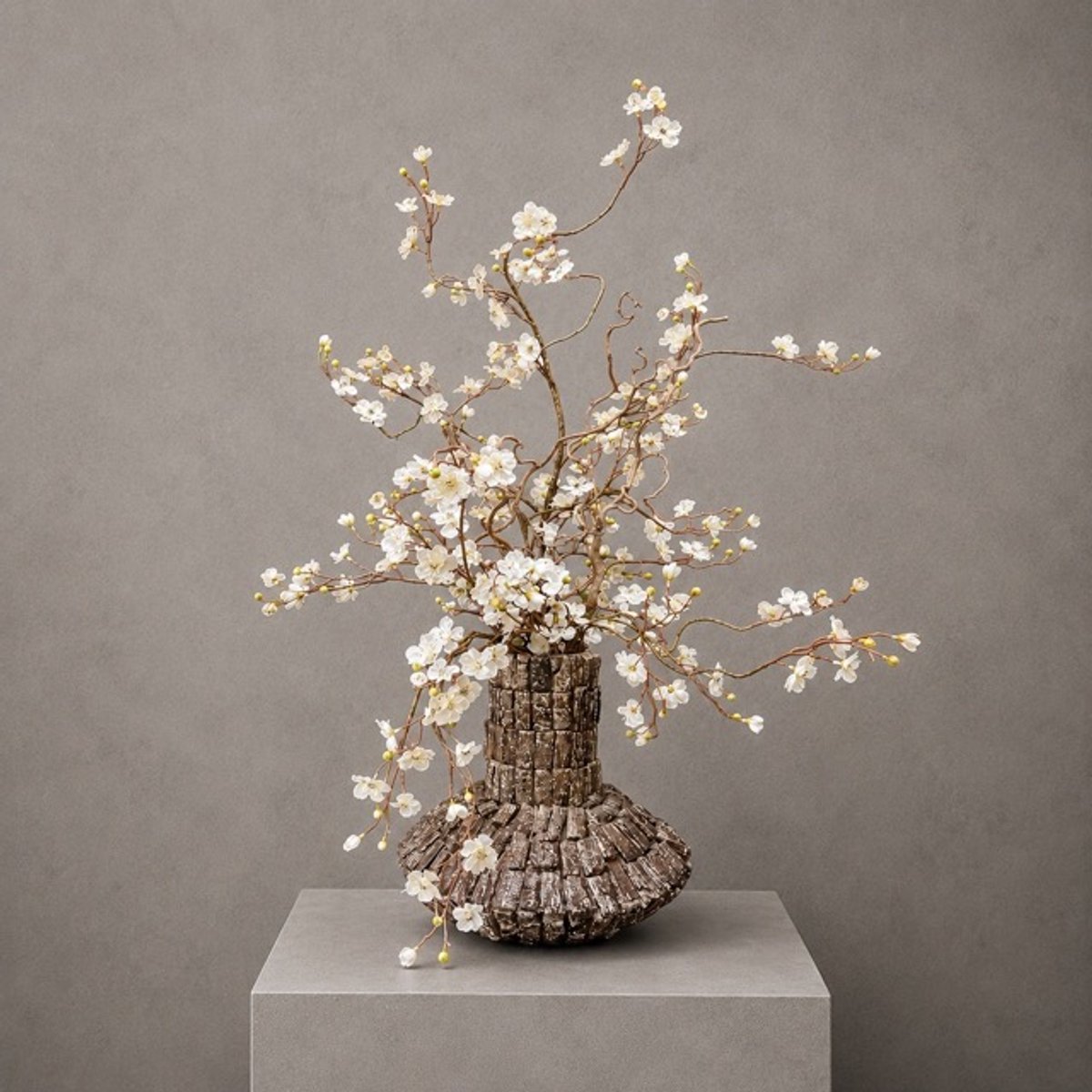 Seta Fiori Kunstbloesem in Vaas 90 cm - Handgemaakt in Nederland - Echte Houten Takken - Wit en Brons - Hotel Chique Stijl brons, wit